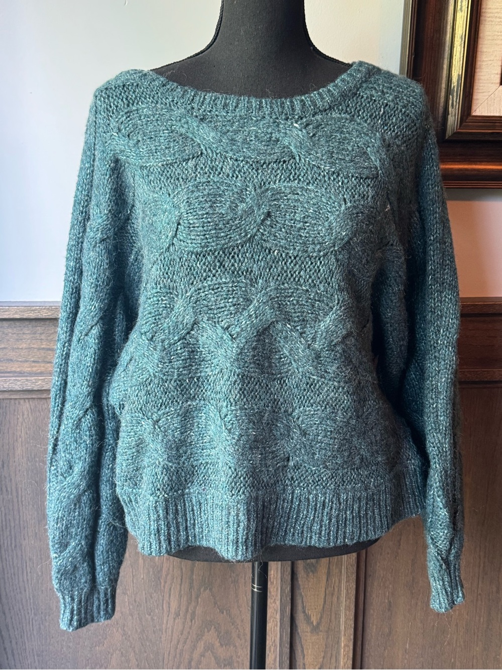 Ophelia Roe Cable-Knit Crewneck Sweater in Teal green xl